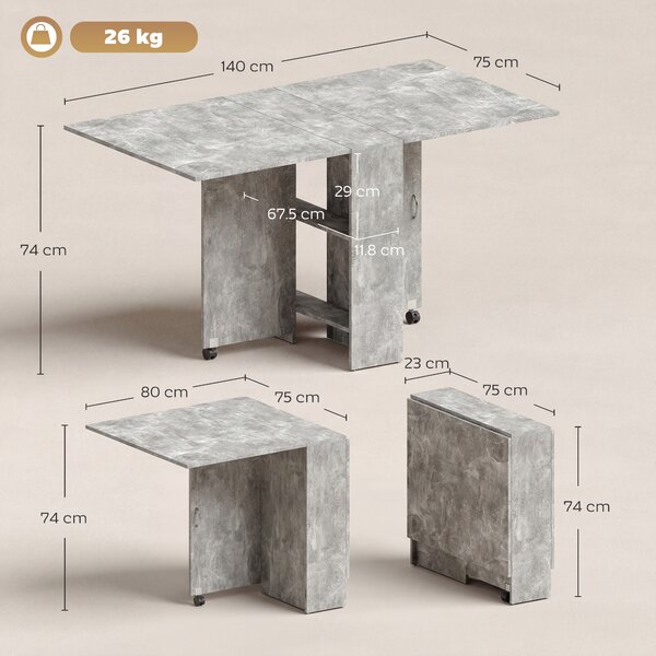 HOMCOM Folding Kitchen Table, Drop Leaf Dining Table for Small Spaces w/ 2-tier Shelves, Kitchen Table w/ Rolling Casters, Cement Grey Aosom UK