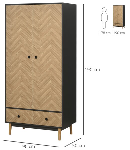 HOMCOM Essential Wardrobe Cabinet with Hanging Rails and 2 Drawers, Practical Wardrobe with 4 sections, Nature Wood Aosom UK