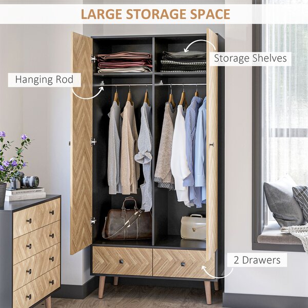HOMCOM Essential Wardrobe Cabinet with Hanging Rails and 2 Drawers, Practical Wardrobe with 4 sections, Nature Wood Aosom UK