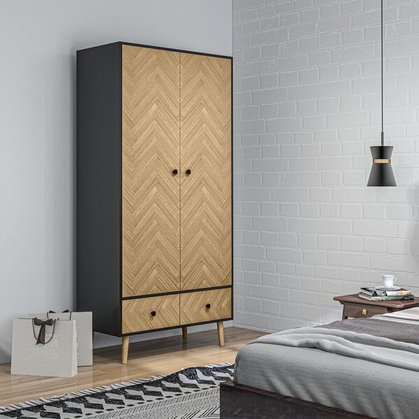HOMCOM Essential Wardrobe Cabinet with Hanging Rails and 2 Drawers, Practical Wardrobe with 4 sections, Nature Wood Aosom UK