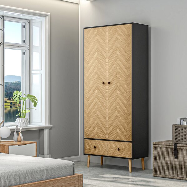 HOMCOM Essential Wardrobe Cabinet with Hanging Rails and 2 Drawers, Practical Wardrobe with 4 sections, Nature Wood Aosom UK