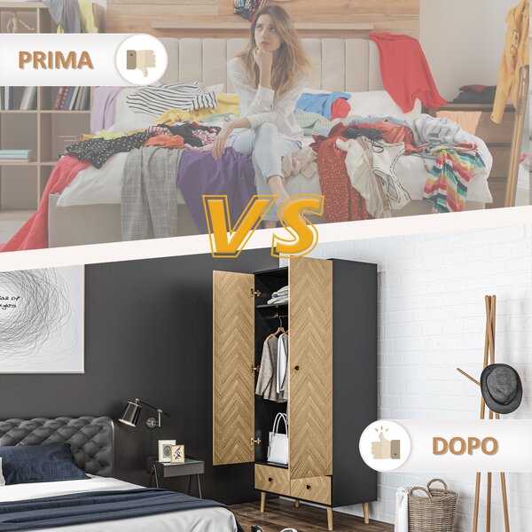 HOMCOM Essential Wardrobe Cabinet with Hanging Rails and 2 Drawers, Practical Wardrobe with 4 sections, Nature Wood Aosom UK