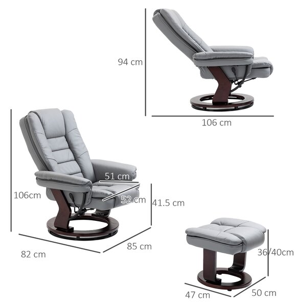 HOMCOM Recliner Chair With footstool, Recliner Armchair up to 130kg Capacity, 135° Reclining Swivel Sofa Chair for Living Room, Grey Aosom UK