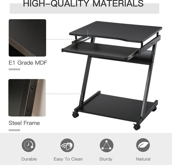 HOMCOM Movable Compact Small Computer Desk with 4 Moving Wheels Sliding Keyboard Tray Home Office Gaming Study Workstation Black Aosom UK
