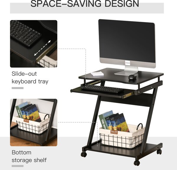 HOMCOM Movable Compact Small Computer Desk with 4 Moving Wheels Sliding Keyboard Tray Home Office Gaming Study Workstation Black Aosom UK