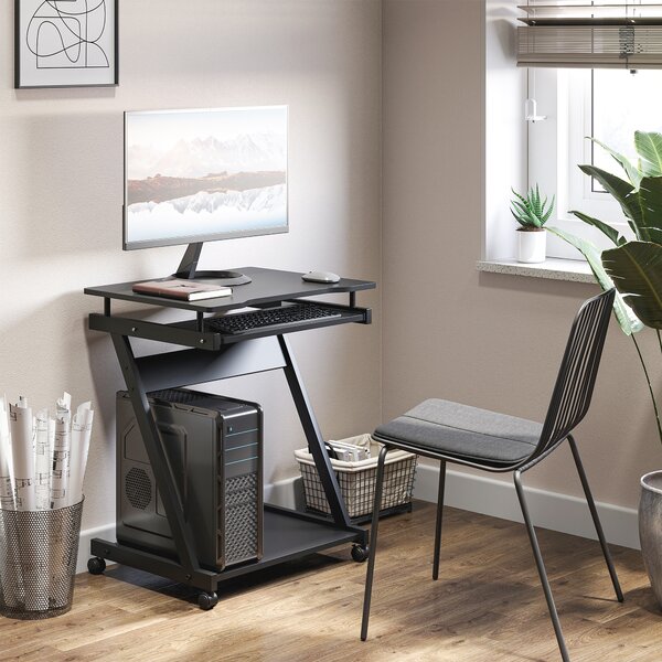HOMCOM Movable Compact Small Computer Desk with 4 Moving Wheels Sliding Keyboard Tray Home Office Gaming Study Workstation Black Aosom UK