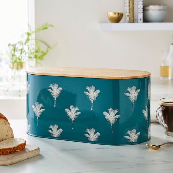 Luxe Palm Bread Bin with Bamboo Lid Blue