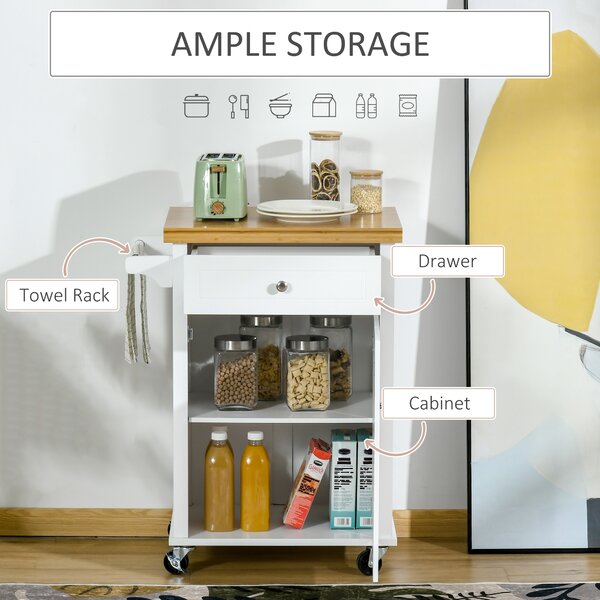 HOMCOM Kitchen Cart Storage Trolley Wooden Cabinet with Drawer Cupboard Towel Rail White Aosom UK