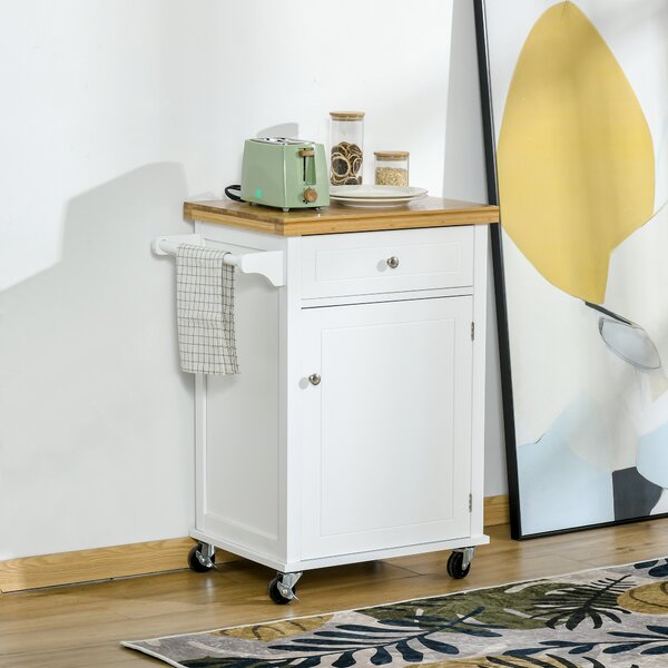 HOMCOM Kitchen Cart Storage Trolley Wooden Cabinet with Drawer Cupboard Towel Rail White Aosom UK