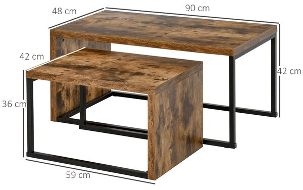 HOMCOM Set of 2 Coffee Tables Industrial Style Tea Table, Side Table w/ Metal Frame for Living Room Bedroom Black & Brown Aosom UK