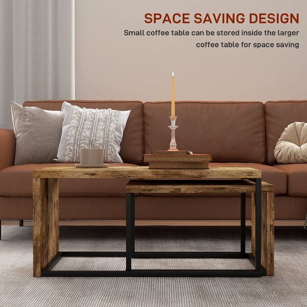 HOMCOM Set of 2 Coffee Tables Industrial Style Tea Table, Side Table w/ Metal Frame for Living Room Bedroom Black & Brown Aosom UK