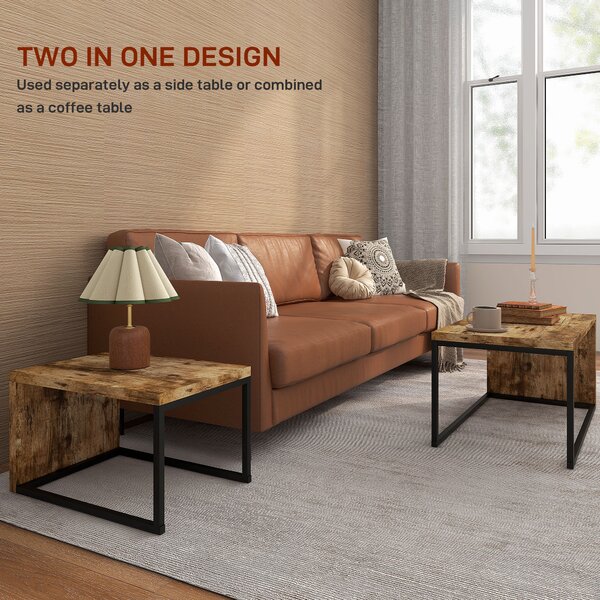 HOMCOM Set of 2 Coffee Tables Industrial Style Tea Table, Side Table w/ Metal Frame for Living Room Bedroom Black & Brown Aosom UK