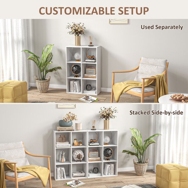 HOMCOM 6 Cubes Storage Unit, 3-Tier Particle Board Bookcase Organiser for Home Office, White Aosom UK