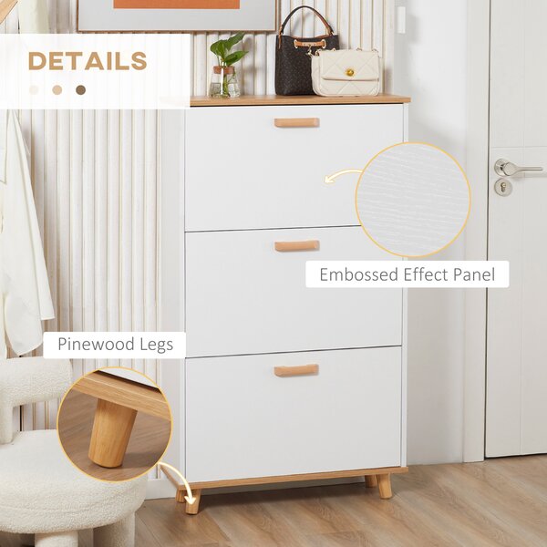 HOMCOM Slim Shoe Cabinet, Narrow White Storage with 3 Flip Drawers, Adjustable Shelves, for 12 Pairs, Hallway Aosom UK