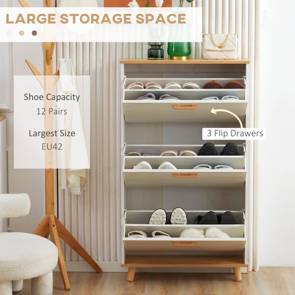 HOMCOM Slim Shoe Cabinet, Narrow White Storage with 3 Flip Drawers, Adjustable Shelves, for 12 Pairs, Hallway Aosom UK