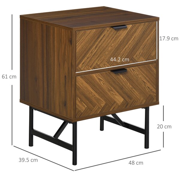 HOMCOM Herringbone Pattern Side Cabinet, Home Organizer with 2 Drawers, Hidden Handles, for Bedroom or Living Room, Walnut Brown