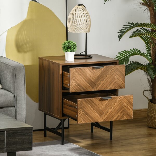 HOMCOM Herringbone Pattern Side Cabinet, Home Organizer with 2 Drawers, Hidden Handles, for Bedroom or Living Room, Walnut Brown