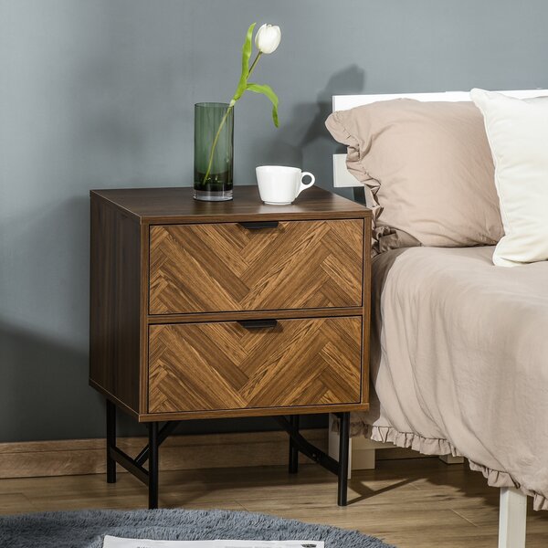 HOMCOM Herringbone Pattern Side Cabinet, Home Organizer with 2 Drawers, Hidden Handles, for Bedroom or Living Room, Walnut Brown