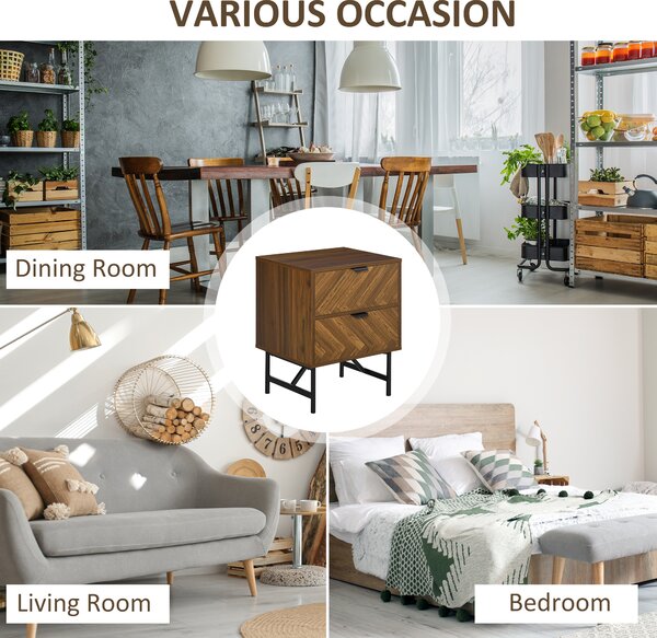 HOMCOM Bedside Table Set of 2 with 2 Drawers, Modern Side Tables with Herringbone Pattern and Metal Legs for Bedroom, Living Room, Walnut Brown