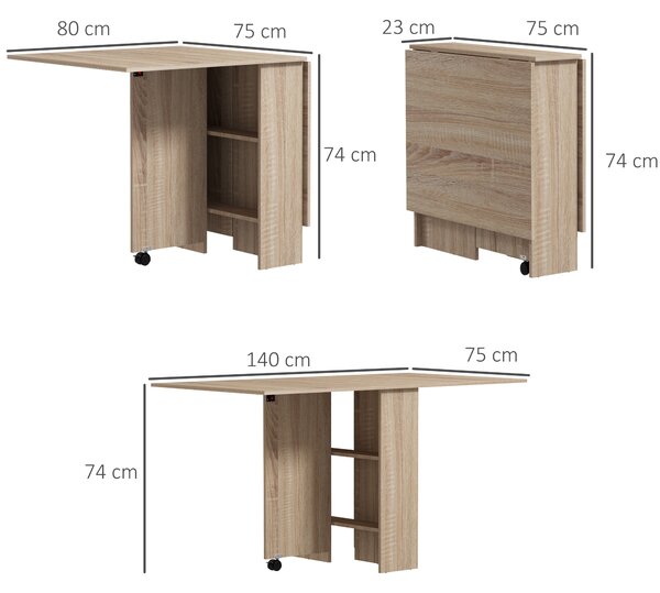 HOMCOM Folding Dining Table, Drop Leaf Table for Small Spaces with 2-tier Shelves, Small Kitchen Table with rolling Casters