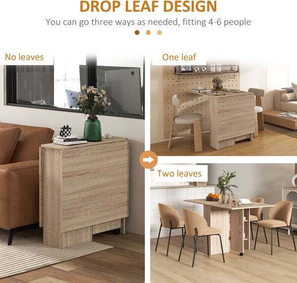 HOMCOM Folding Dining Table, Drop Leaf Table for Small Spaces with 2-tier Shelves, Small Kitchen Table with rolling Casters