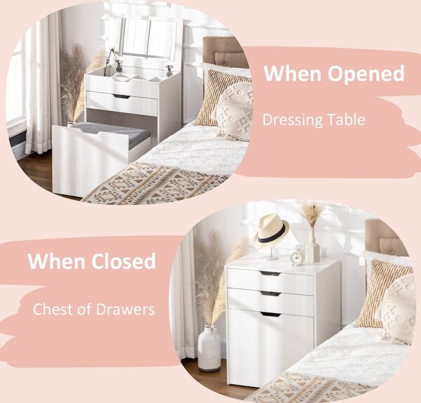 HOMCOM Dressing Table with Flip-up Mirror and Storage Stool, Vanity Table with Drawer and Hidden Compartments for Bedroom, Living Room, White