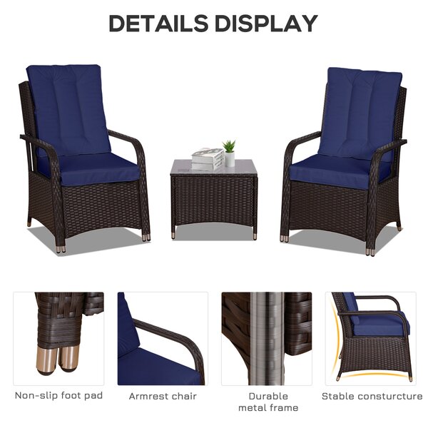 Outsunny 3 Pieces Outdoor Rattan Bistro Set, Patio Wicker Balcony Furniture with Steel Frame, Conservatory Set w/ 2 Cushioned Chair, Coffee Table & Cover, Dark Blue