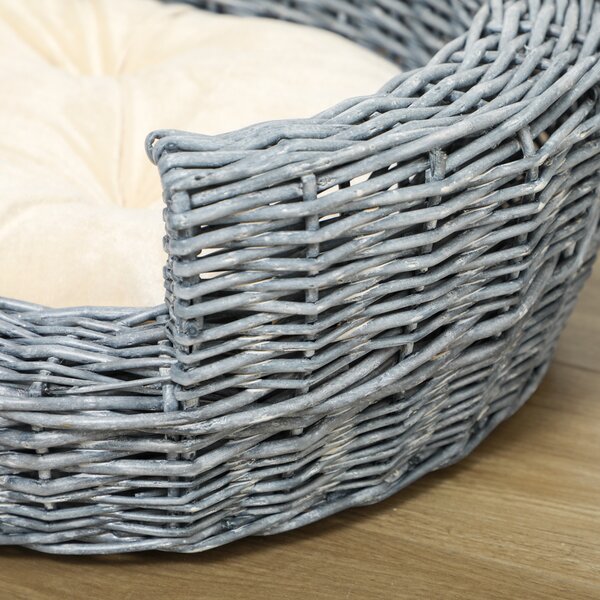 PawHut Willow Pet Sofa: Rattan Basket with Soft Cushion for Cats & Small Dogs, Durable Design, 57Lx46Wx17.5H cm, Grey Aosom UK