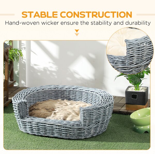 PawHut Willow Pet Sofa: Rattan Basket with Soft Cushion for Cats & Small Dogs, Durable Design, 57Lx46Wx17.5H cm, Grey Aosom UK