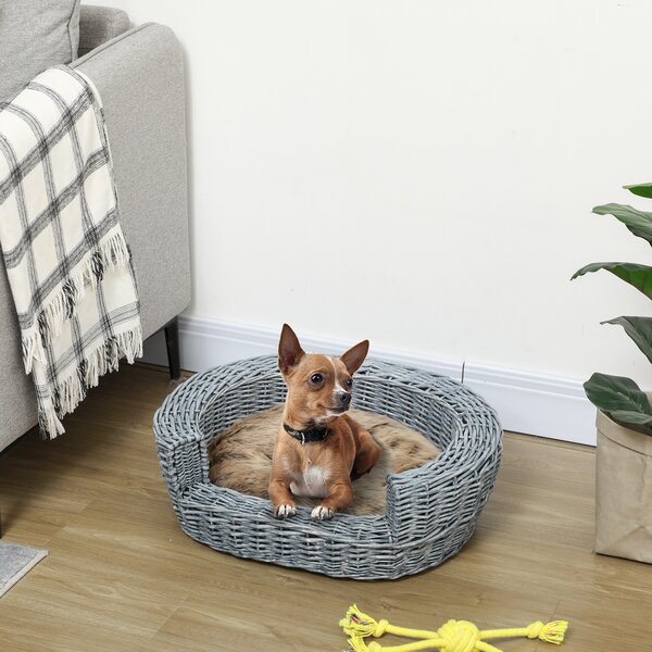 PawHut Willow Pet Sofa: Rattan Basket with Soft Cushion for Cats & Small Dogs, Durable Design, 57Lx46Wx17.5H cm, Grey Aosom UK