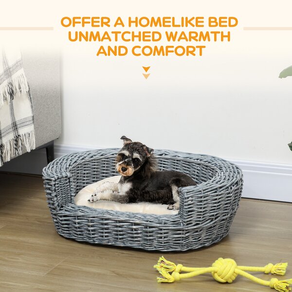 PawHut Willow Pet Sofa: Rattan Basket with Soft Cushion for Cats & Small Dogs, Durable Design, 57Lx46Wx17.5H cm, Grey Aosom UK
