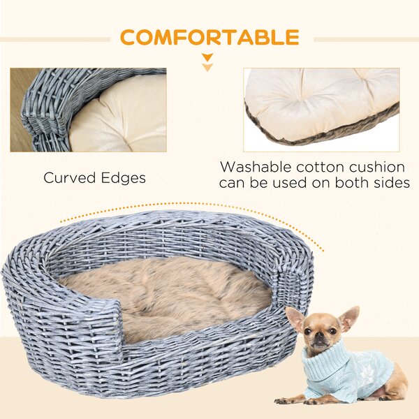 PawHut Willow Pet Sofa: Rattan Basket with Soft Cushion for Cats & Small Dogs, Durable Design, 57Lx46Wx17.5H cm, Grey Aosom UK
