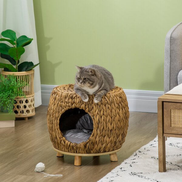 PawHut Rattan Retreat: Wicker Cat Abode with Plush Cushion, Washable, Indoor & Outdoor Bliss Aosom UK