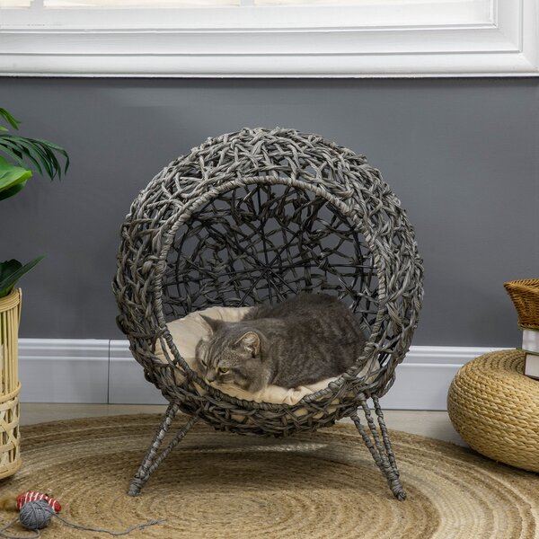 PawHut Rattan Elevated Cat Bed: Cosy Ball-Shaped Kitten Abode with Removable Cushion, Silver-Tone and Grey Aosom UK
