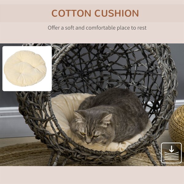 PawHut Rattan Elevated Cat Bed: Cosy Ball-Shaped Kitten Abode with Removable Cushion, Silver-Tone and Grey Aosom UK