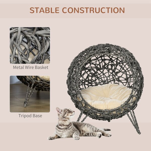 PawHut Rattan Elevated Cat Bed: Cosy Ball-Shaped Kitten Abode with Removable Cushion, Silver-Tone and Grey Aosom UK