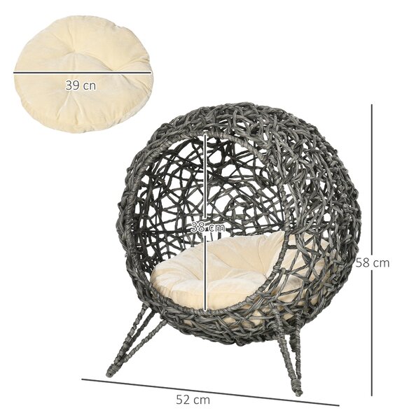 PawHut Rattan Elevated Cat Bed: Cosy Ball-Shaped Kitten Abode with Removable Cushion, Silver-Tone and Grey Aosom UK