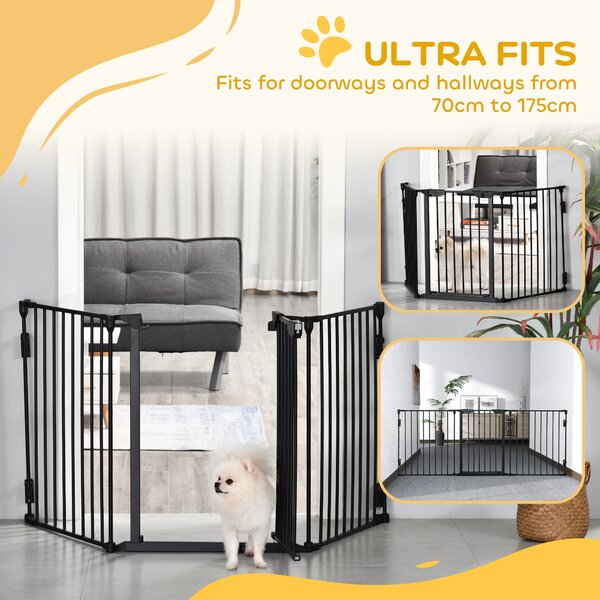 PawHut 3-Panel Metal Pet Gate: Safety Fence for Dogs with Walk Through Door & Auto Close Lock, Room Divider, Black Aosom UK
