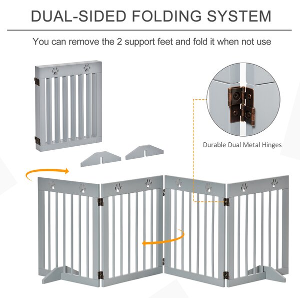 PawHut Pet Gate 4 Panel Wooden Dog Barrier Freestanding Folding Safety Fence with Support Feet up to 204cm Long 61cm Tall Light Grey