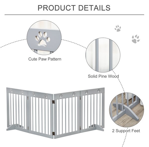 PawHut Pet Gate 4 Panel Wooden Dog Barrier Freestanding Folding Safety Fence with Support Feet up to 204cm Long 61cm Tall Light Grey