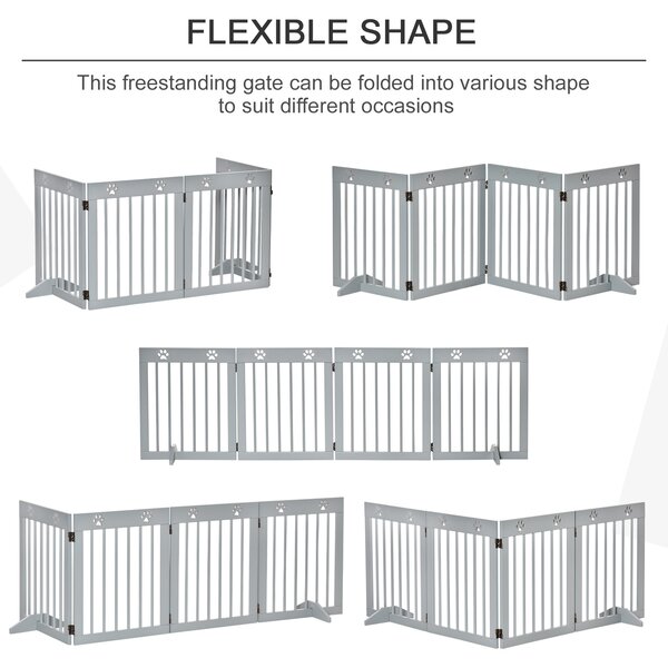 PawHut Pet Gate 4 Panel Wooden Dog Barrier Freestanding Folding Safety Fence with Support Feet up to 204cm Long 61cm Tall Light Grey
