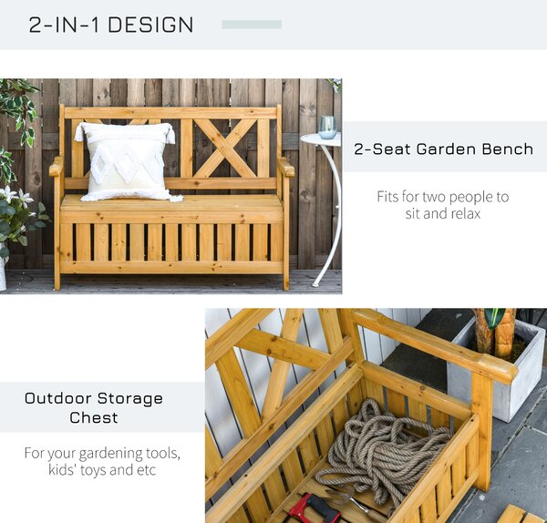 Outsunny Wood Garden Bench 2 Seater Storage Chest Patio Seating Chair with High Back and Armrest