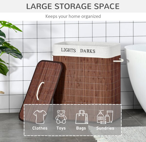 HOMCOM Laundry Basket 100L with Lid, Dual Section, Collapsible Hamper, Removable Liner, Water-Resistant, for Clothes Storage, Brown Aosom UK