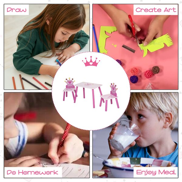 HOMCOM Kids' Wooden Table and Chair Set with Crown Pattern, Easy-Clean Surface, Ideal Gift for Girls Toddlers Aged 3 to 8, Pink Aosom UK