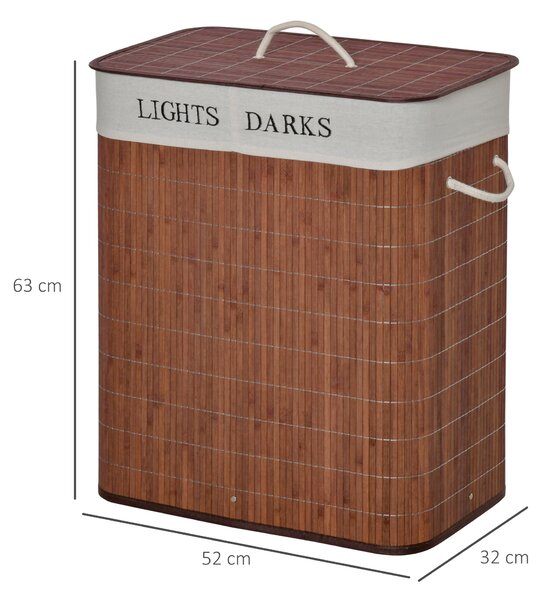 HOMCOM Laundry Basket 100L with Lid, Dual Section, Collapsible Hamper, Removable Liner, Water-Resistant, for Clothes Storage, Brown Aosom UK