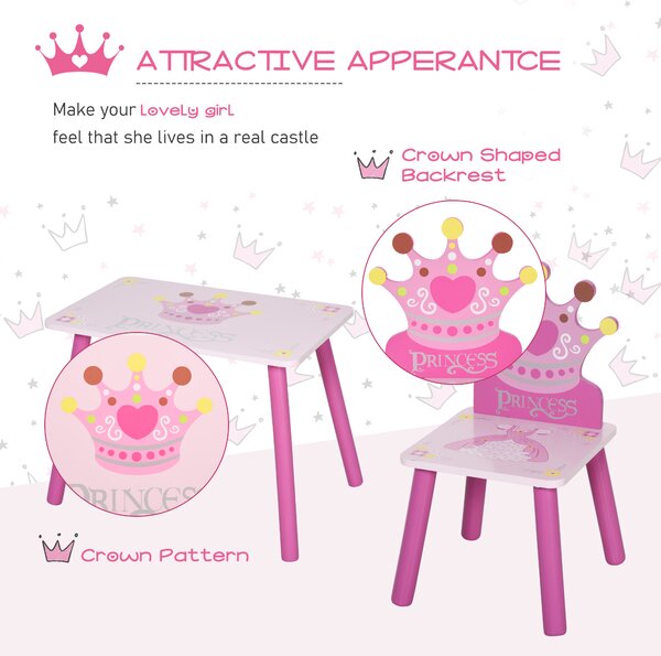 HOMCOM Kids' Wooden Table and Chair Set with Crown Pattern, Easy-Clean Surface, Ideal Gift for Girls Toddlers Aged 3 to 8, Pink Aosom UK