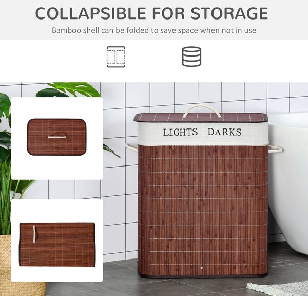 HOMCOM Laundry Basket 100L with Lid, Dual Section, Collapsible Hamper, Removable Liner, Water-Resistant, for Clothes Storage, Brown Aosom UK