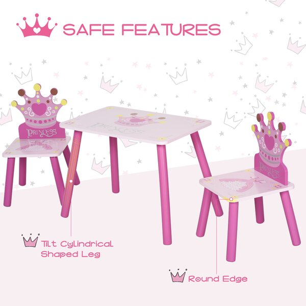 HOMCOM Kids' Wooden Table and Chair Set with Crown Pattern, Easy-Clean Surface, Ideal Gift for Girls Toddlers Aged 3 to 8, Pink Aosom UK