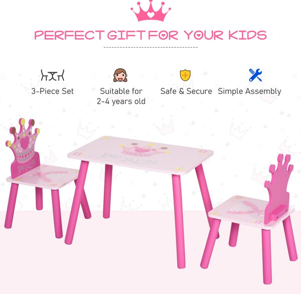 HOMCOM Kids' Wooden Table and Chair Set with Crown Pattern, Easy-Clean Surface, Ideal Gift for Girls Toddlers Aged 3 to 8, Pink Aosom UK