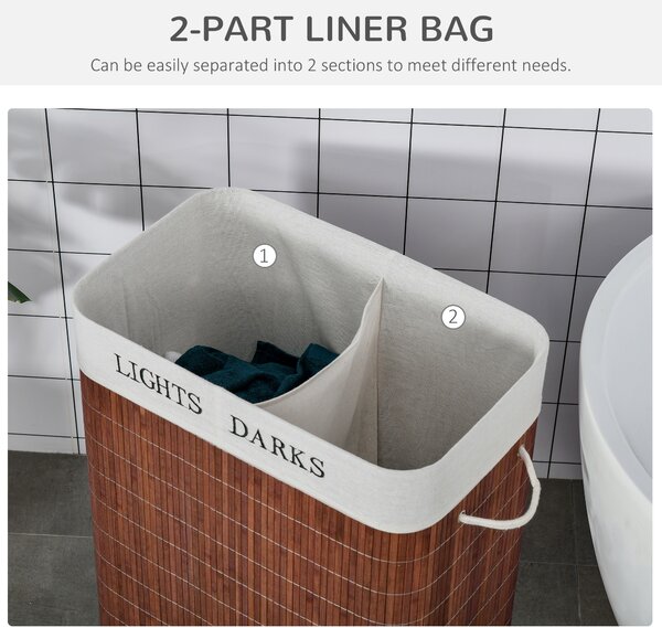 HOMCOM Laundry Basket 100L with Lid, Dual Section, Collapsible Hamper, Removable Liner, Water-Resistant, for Clothes Storage, Brown Aosom UK